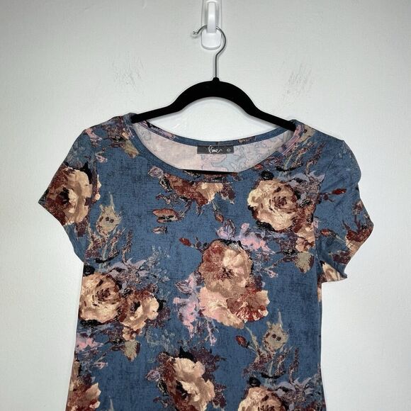 Pinc‎ TeeTunic Women's L Stretch Velour Boho Short Sleeve Y2K FloralBlueRose - Picture 4 of 11